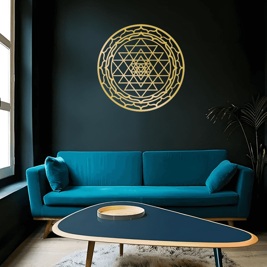 Gold Sacred Mandala Aluminum Wall Art by CIFbuy on a black wall above a teal sofa. Ideal for modern living room or meditation corner.
