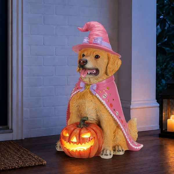 A golden retriever figurine dressed as a witch, wearing a pink hat and cape, sitting on a wooden porch next to a glowing jack-o&