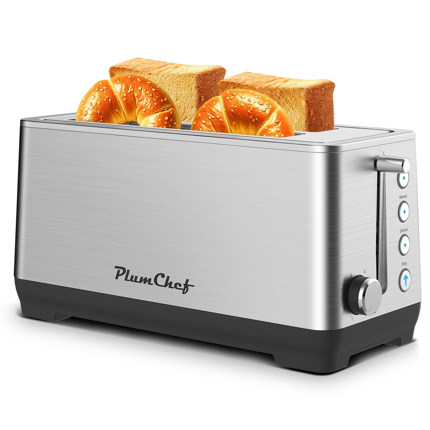 4-Slice Toaster Stainless Steel with extra wide slots to fit thick bread and bagels, featuring a sleek brushed finish and control buttons.