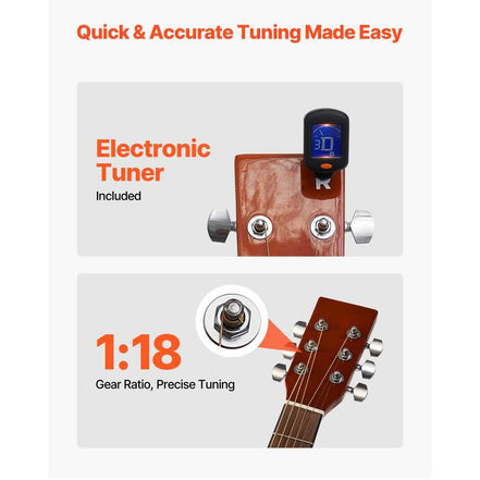 Acoustic guitar with electronic tuner and gear ratio tuning