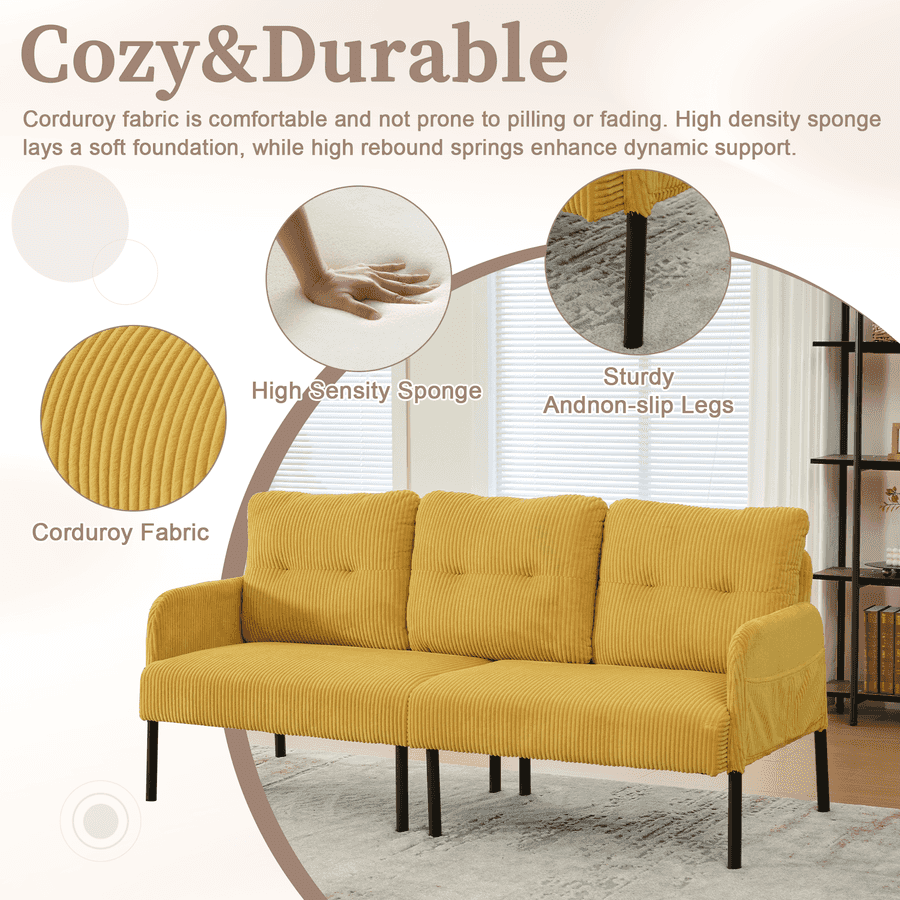 Yellow sofa with corduroy fabric, high density sponge, and sturdy anthon-slip legs on a white background.