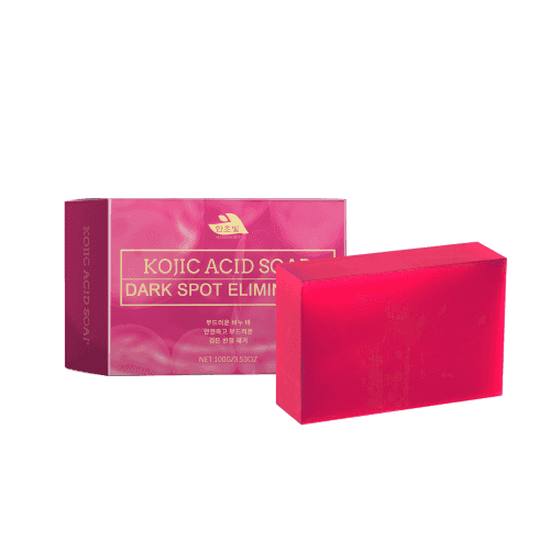 Kojic Acid Soap packaging with pink box and red soap bar on a white background