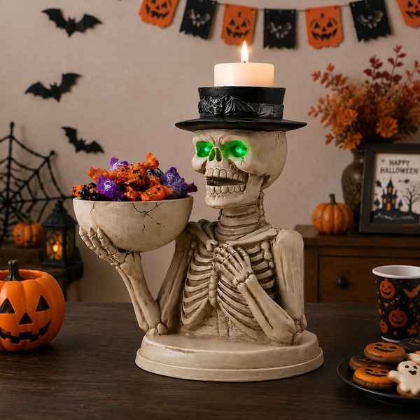 Halloween skeleton candle holder figurine holding a bowl of candy, with a lit white candle on its black hat, set on a dark wooden table in a decorated Halloween room.