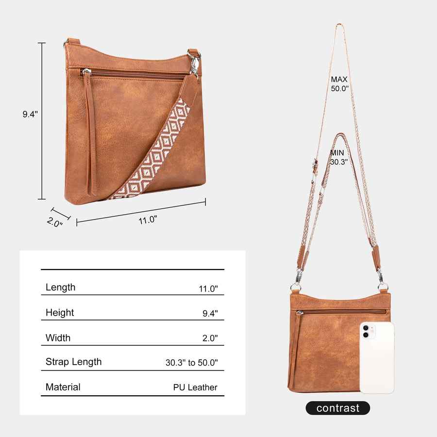 Brown crossbody bag with measurements and material details on a white background