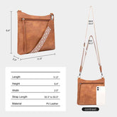 Brown crossbody bag with measurements and material details on a white background