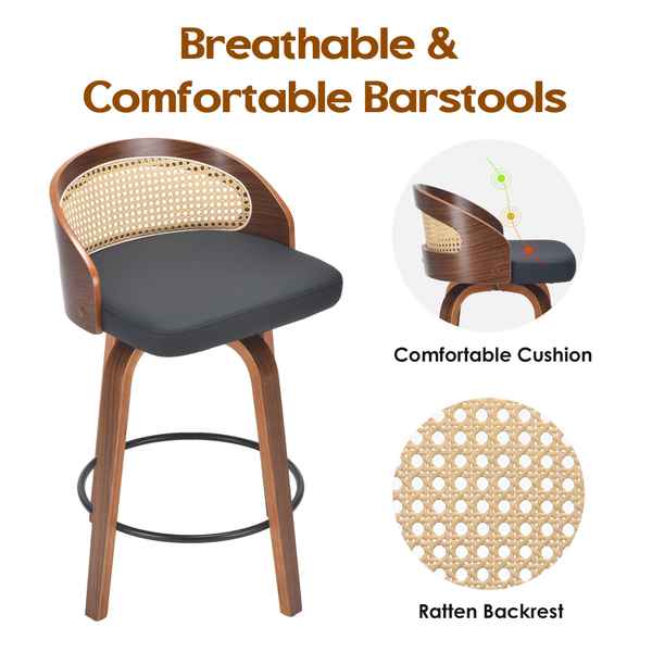 Close-up of the woven cane backrest detail on a modern bar stool with wooden frame and black cushioned seat, highlighting craftsmanship.