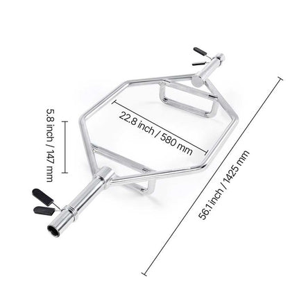 Hexagonal metal stand with dimensions labeled on a white background