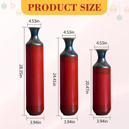 Size chart of droplet shaped metal floor vase set showing dimensions of three vases for accurate home decor planning.