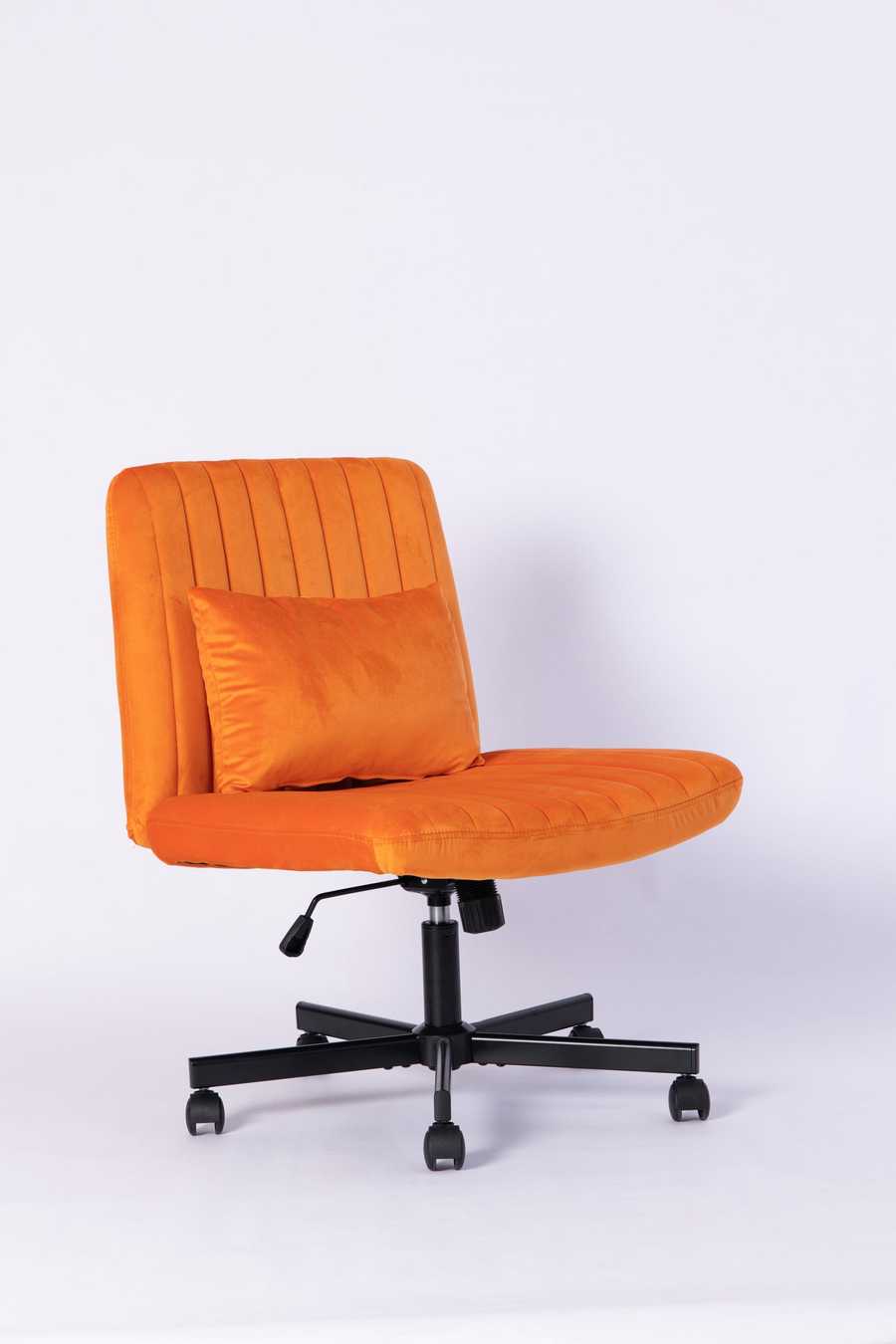Angled view of the Orange Velvet Office Chair with soft velvet finish and ergonomic design for versatile home or office use.