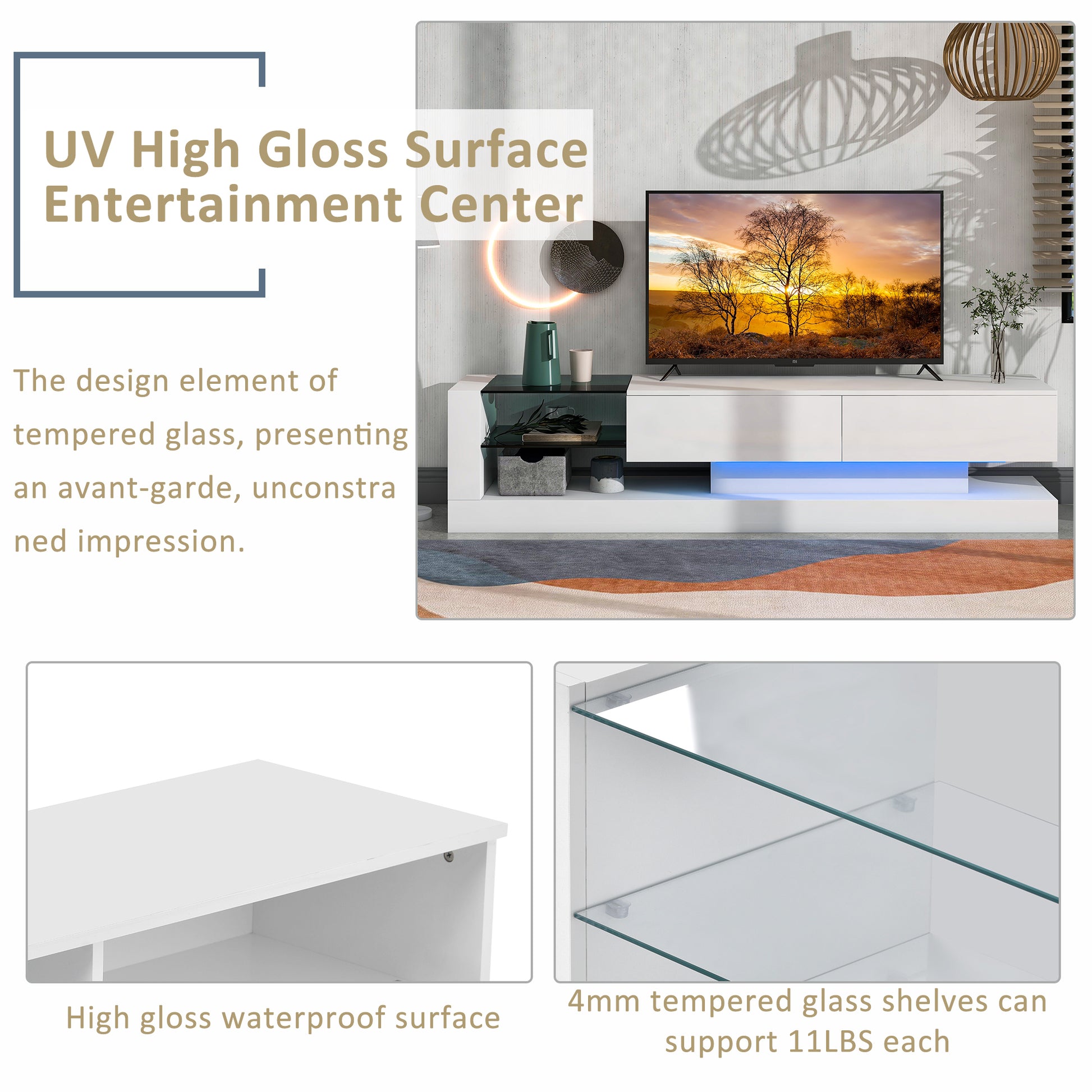 a white entertainment center with glass shelves and a flat screen tv