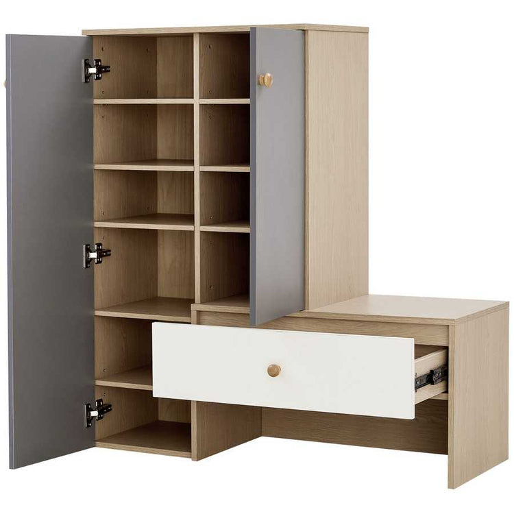 Open view of the shoe storage bench & cabinets with adjustable shelves and drawer, providing ample space for organized storage.