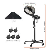 Close-up of black glossy hooded ionic hair steamer with dimensions for salon use