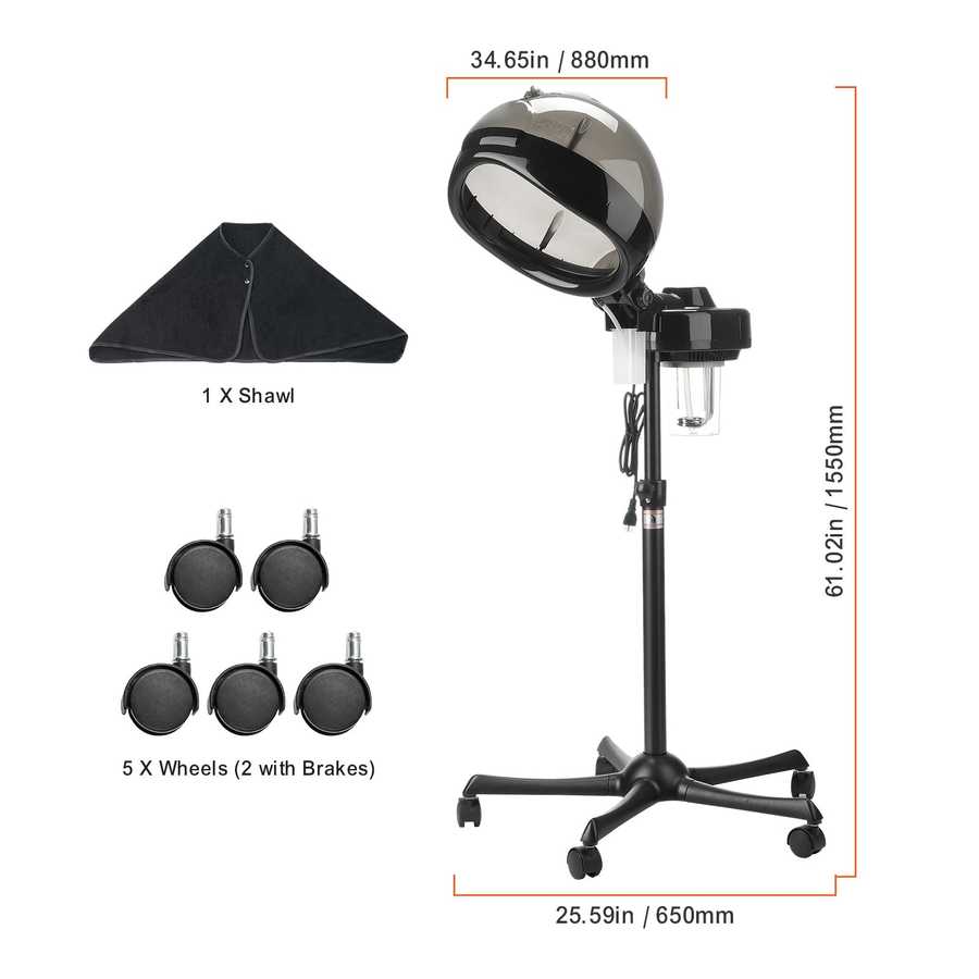 Close-up of black glossy hooded ionic hair steamer with dimensions for salon use