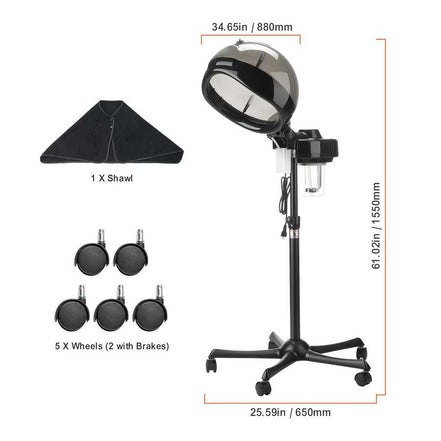 Close-up of black glossy hooded ionic hair steamer with dimensions for salon use