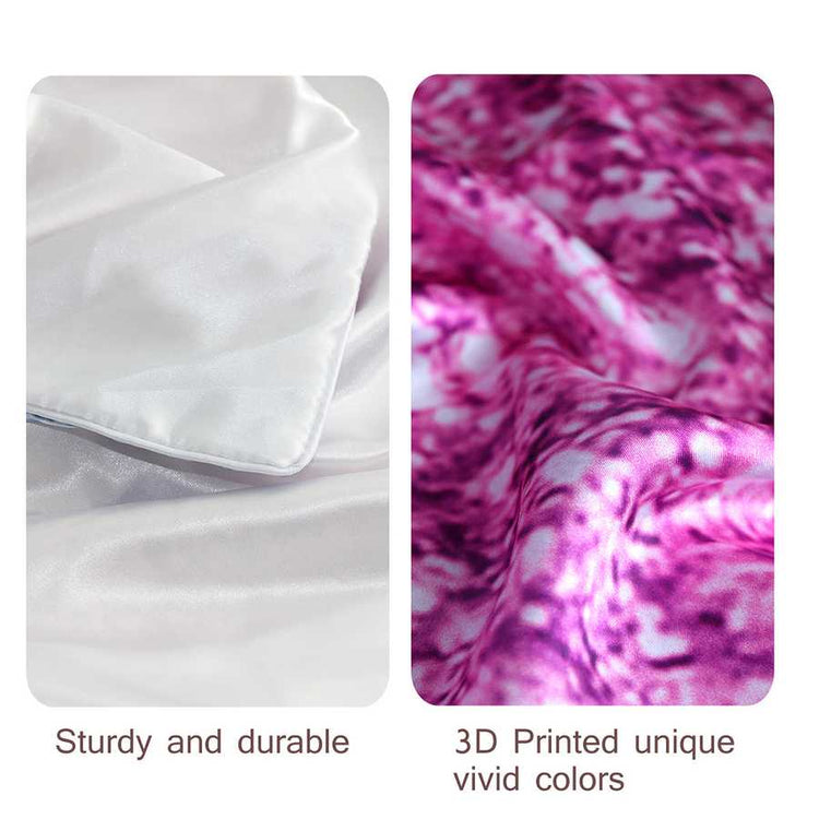 Two fabric samples, one white and one with pink and purple swirls, on a white background.