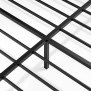 Central support structure of king floating bed frame with LED lights, featuring durable black metal crossbars and leg.