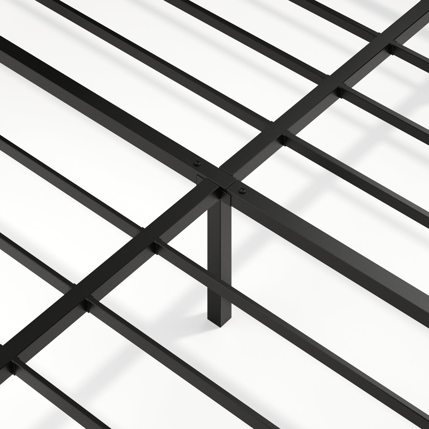 Central support structure of king floating bed frame with LED lights, featuring durable black metal crossbars and leg.