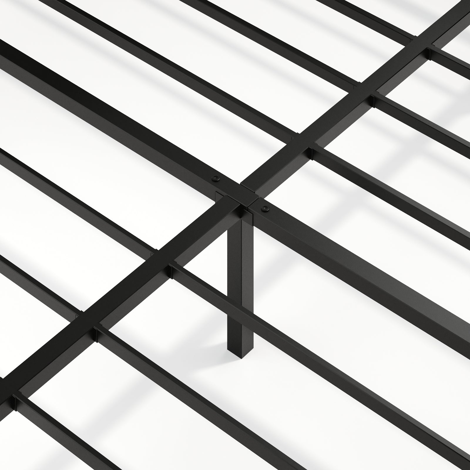 Central support structure of king floating bed frame with LED lights, featuring durable black metal crossbars and leg.