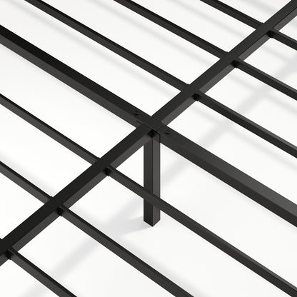 Central support structure of king floating bed frame with LED lights, featuring durable black metal crossbars and leg.