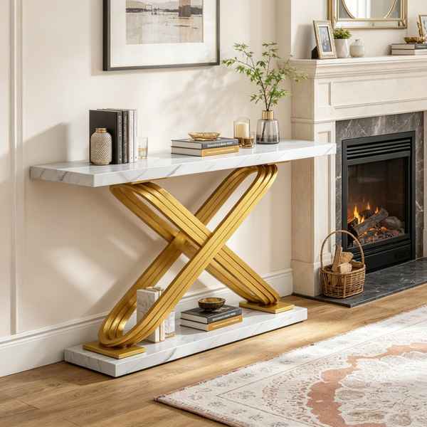 Luxury Long Console Table with Marble Top Design