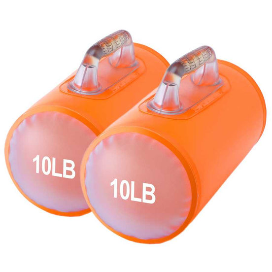 Water Dumbbell Set - Portable Adjustable Weight in orange, each dumbbell labeled 10LB, ideal for compact fitness and travel workouts.