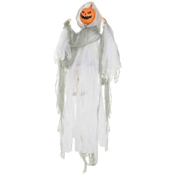 Halloween decoration of a ghost with a pumpkin head on a white background