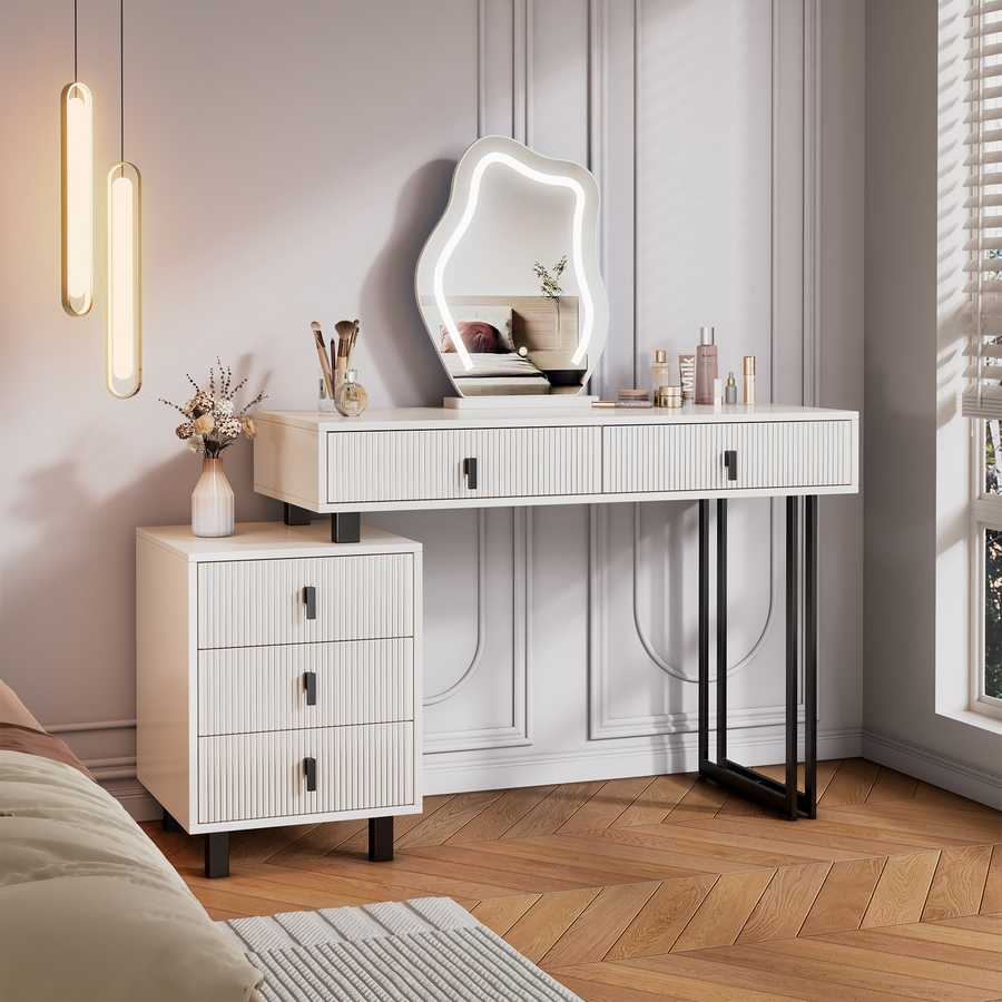 Bedroom vanity with LED mirror and storage cabinet