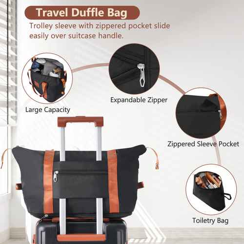 Black travel duffle bag with brown accents, large capacity, trolley sleeve, zipper pocket, and toiletry bag for easy packing