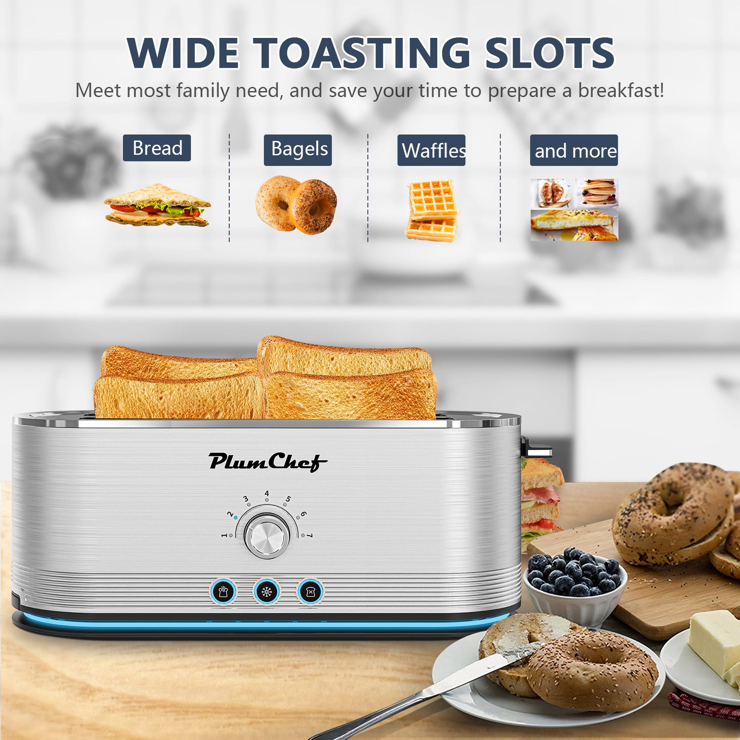 4-Slice Stainless Steel Toaster with wide toasting slots for bread, bagels, waffles, and more, ideal for family breakfasts.