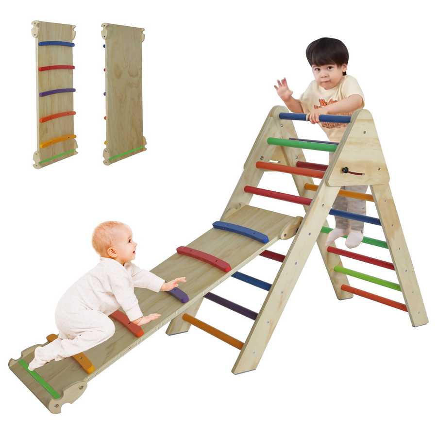 Children playing on a wooden climbing toy with colorful rungs.