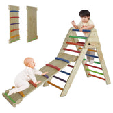 Children playing on a wooden climbing toy with colorful rungs.