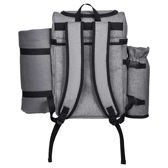 Grey picnic backpack with adjustable straps, multiple compartments, and insulated cooler for 4 people