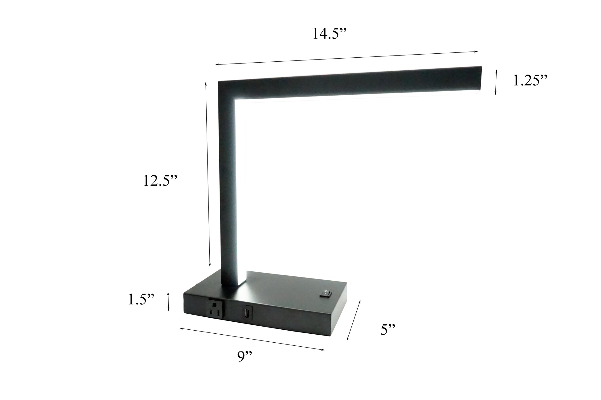 LED Desk Lamp with USB and Power Outlet - Modern Table Lamp with dimensions labeled, showcasing compact and functional design.