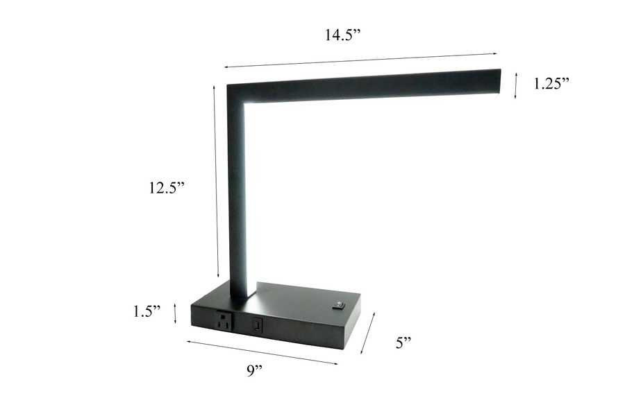 LED Desk Lamp with USB and Power Outlet - Modern Table Lamp with dimensions labeled, showcasing compact and functional design.