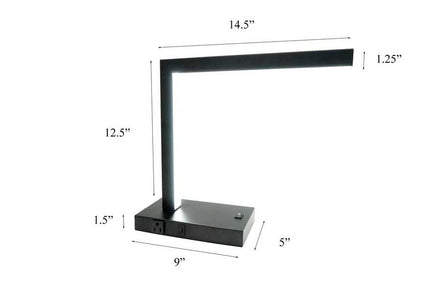 LED Desk Lamp with USB and Power Outlet - Modern Table Lamp with dimensions labeled, showcasing compact and functional design.