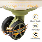 360-degree spinner wheels with features highlighted on a white background