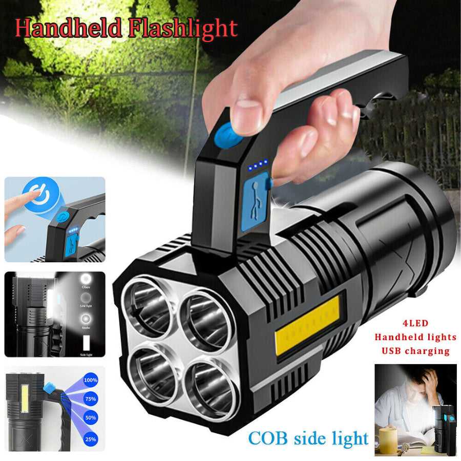 Handheld LED Flashlight - Rechargeable & Waterproof with 4 lighting modes, USB charging, and COB side light for outdoor use.