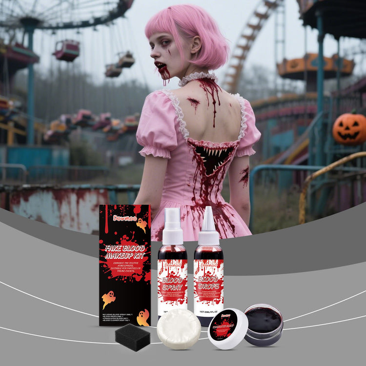 Person in a pink dress with fake blood makeup kit in an abandoned amusement park setting