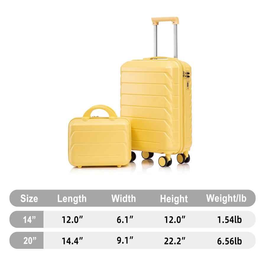 Yellow ABS spinner luggage set with 14-inch and 20-inch suitcases, featuring sturdy hard shell and multi-directional wheels