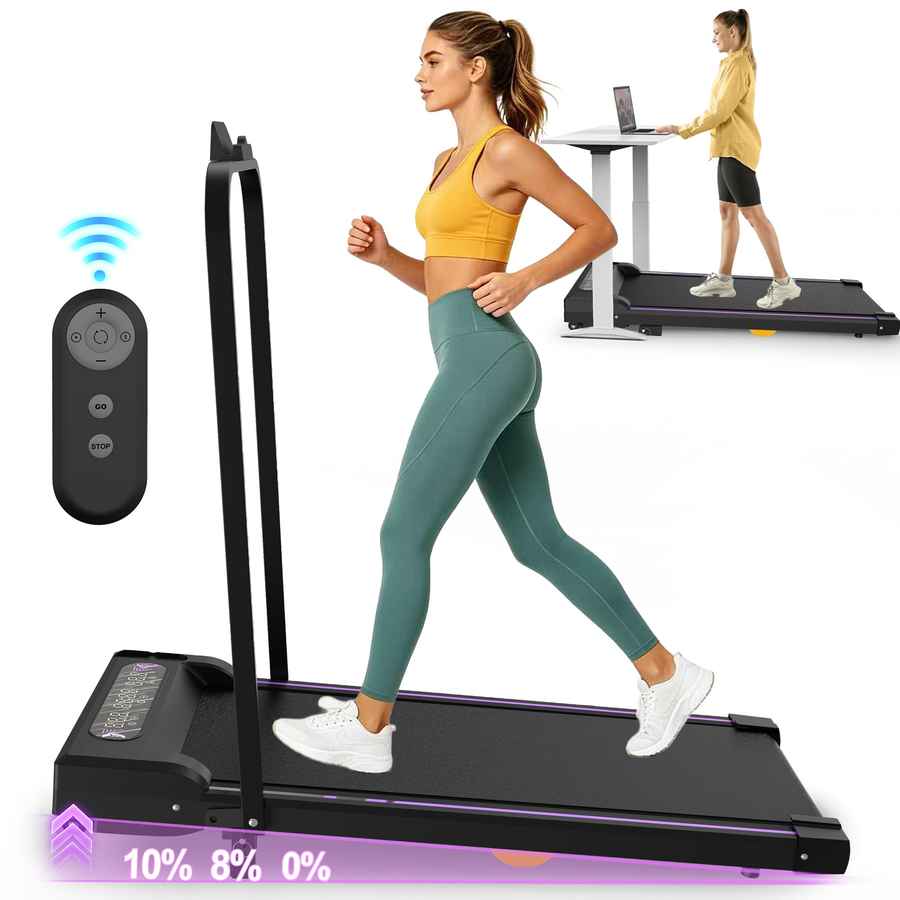 Side view of a woman jogging on a compact treadmill with a digital display, in a bright home workout space