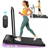 Side view of a woman jogging on a compact treadmill with a digital display, in a bright home workout space