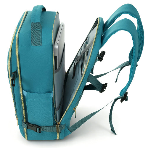 Teal backpack with a laptop compartment on a white background