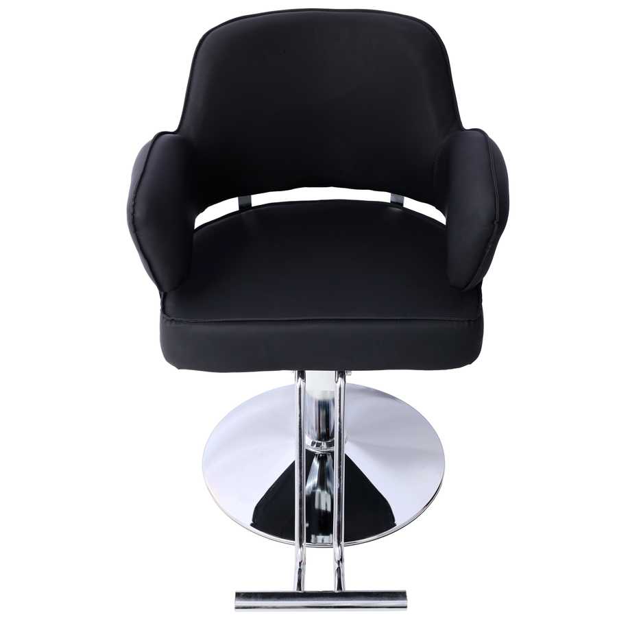 Front view of Salon Styling Chair for Hair Stylists with round chrome base and cushioned seat for professional salon settings.