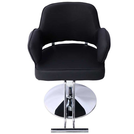 Front view of Salon Styling Chair for Hair Stylists with round chrome base and cushioned seat for professional salon settings.