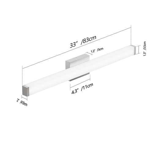 A dimensional diagram of a long rectangular light fixture or tube, shown in perspective with measurement labels and arrows indicating 33 inches / 83 cm length, 4.3 inches / 11 cm width, and 1.