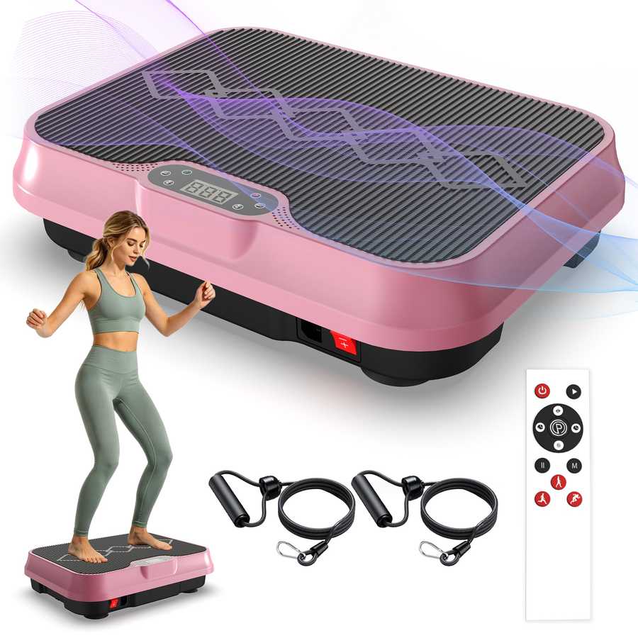 Pink vibration plate with resistance bands and remote control on a white background
