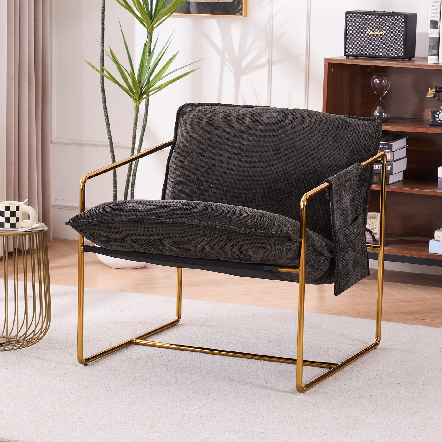 2 Chairs in 1 Box, Upholstered Hanging Armchair with Arm Pockets Metal frame, gold-plated craftsmanship, crushed foam cushions and skin-friendly woven fabric for living room and bedroom. Dark Gray