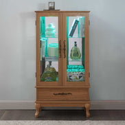 Lighted curio cabinet with teal LED lighting, adjustable shelves, and elegant wood finish for stylish display.