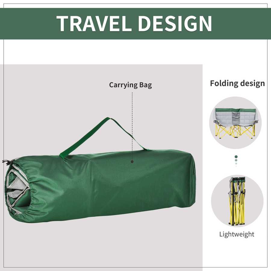 Green carrying bag with travel design features on a white background