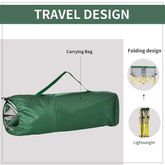 Green carrying bag with travel design features on a white background